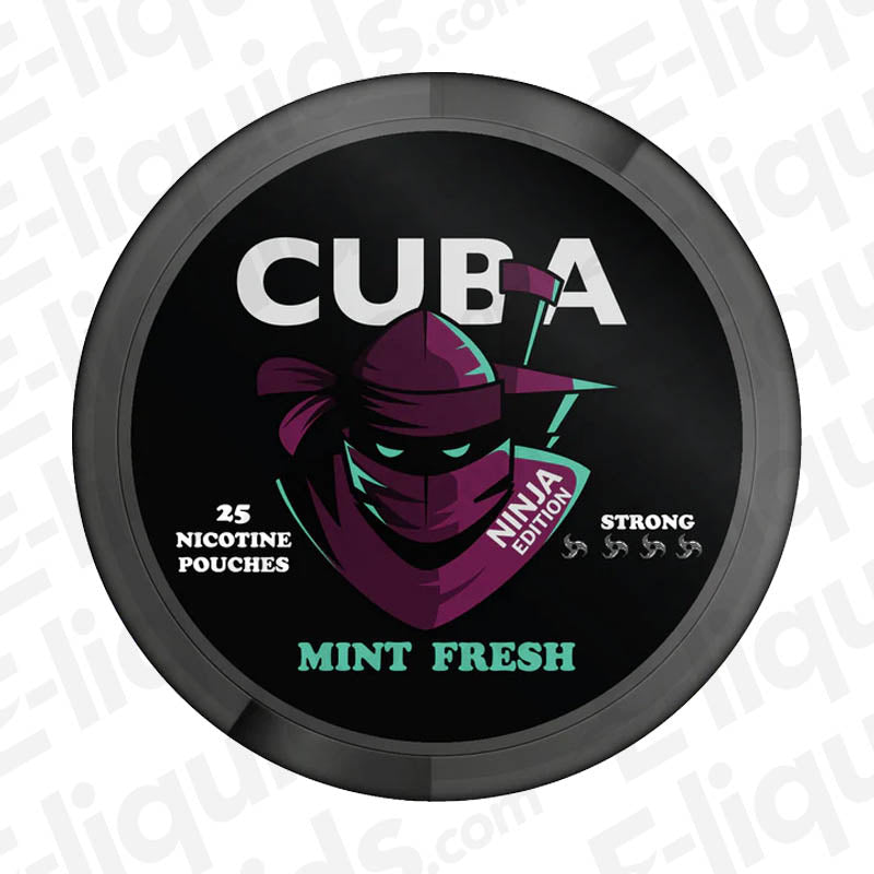Cuba mint fresh nicotine pouches ninja edition packaging, 25 count, strong flavor with a ninja design.