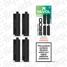 Mint 4-in-1 Series Revol 2600 Prefilled Pods with Fresh Mint, Pink Cloud Ice, Pineapple Ice, Watermelon Ice flavors displayed.