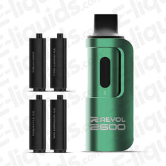 REVOL 2600 4-in-1 Pod Kit with four flavour pods, including Fresh Mint, Pink Cloud Ice, Pineapple Ice, and Watermelon Ice.