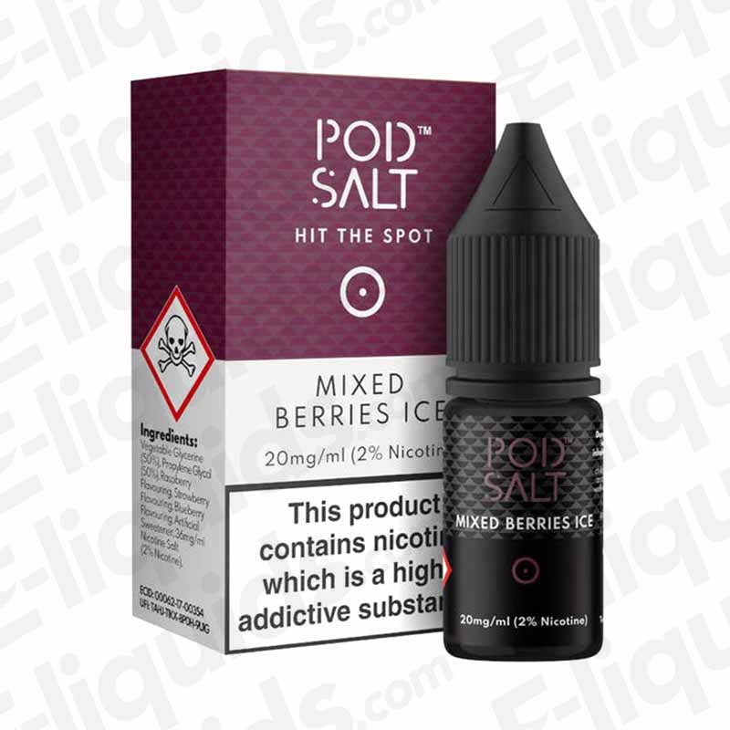 Mixed Berries Ice Nic Salt E-liquid by Pod Salt in a 10ml bottle with 2% nicotine, perfect for pod kits and starter kits.