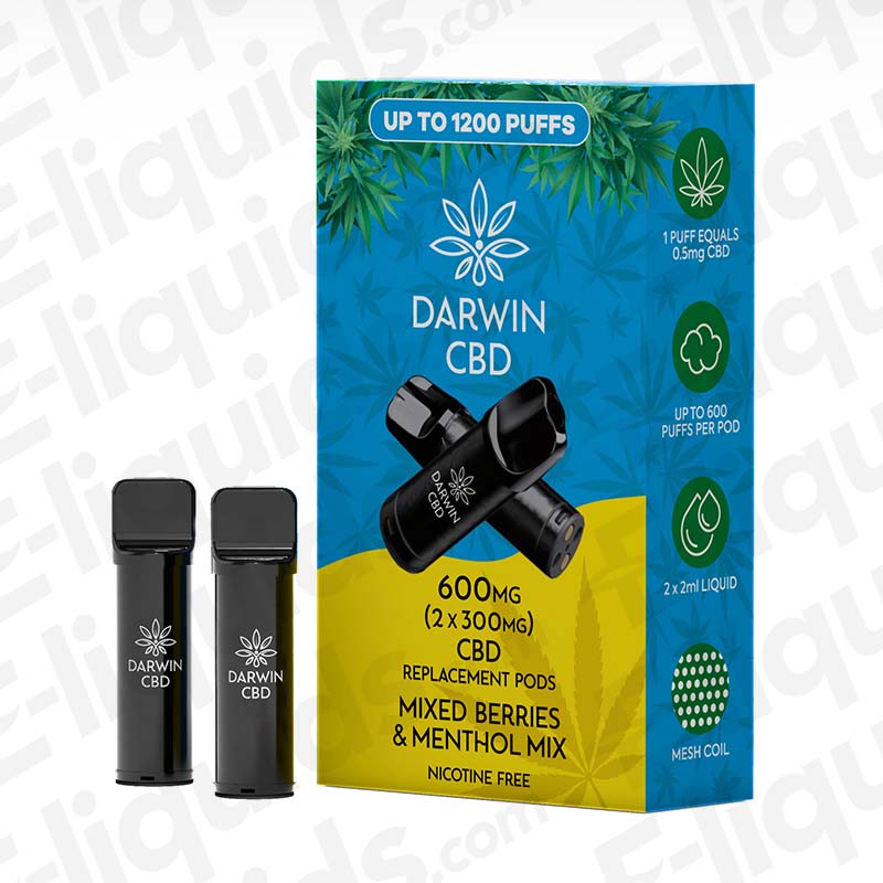 Darwin CBD 600mg Mixed Berries & Menthol Mix (2 x 300mg) Prefilled Pod with cool Berry flavour in yellow and blue packaging.