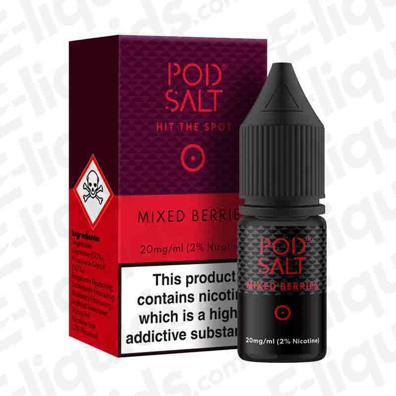 Mixed Berries Nic Salt E-liquid by Pod Salt in 10ml bottle features Strawberry, Blueberry, and Blackcurrant flavors.