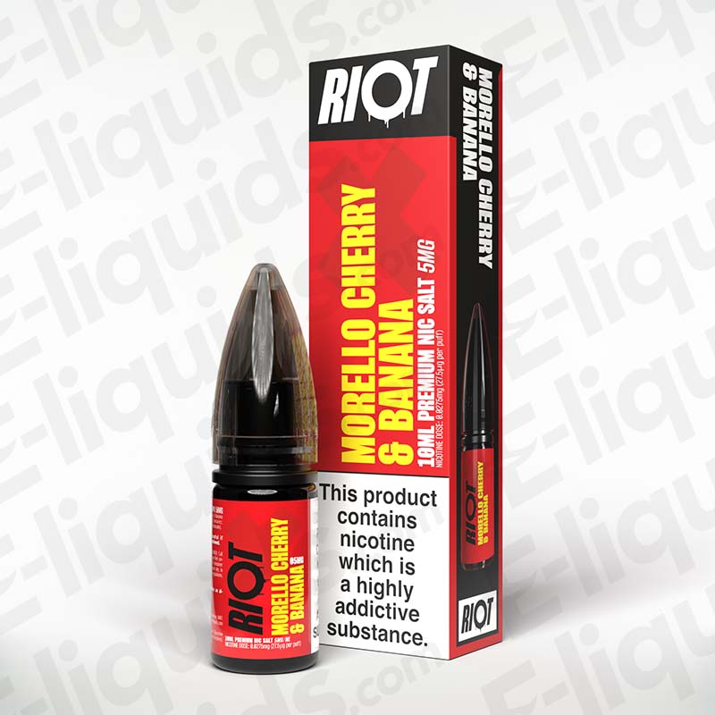 Morello Cherry Banana Nic Salt E-Liquid by Riot X in 10ml bottle, featuring sweet and sour fruit flavors.