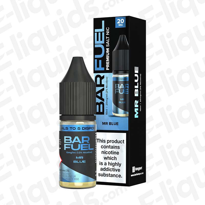 Mr Blue Nic Salt E-liquid by Bar Fuel in a 10ml bottle with packaging, featuring fruit flavors and nicotine content.