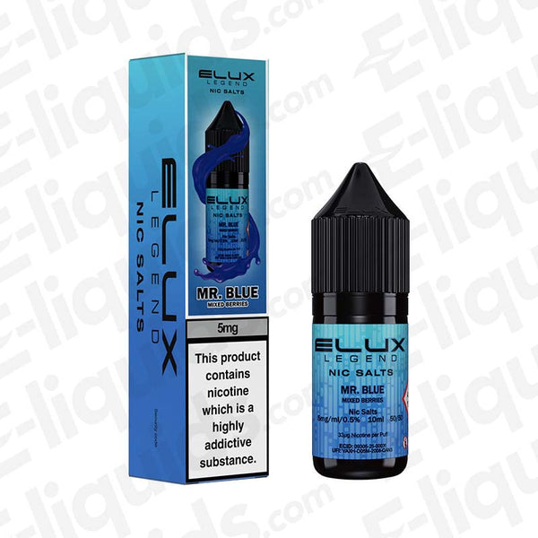 Mr Blue Nic Salt E-liquid by Elux Legend with blueberry, blackberry, and raspberry flavors in 5mg nicotine strength.