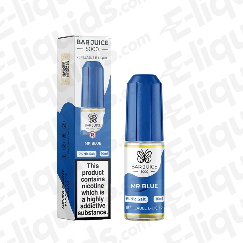 Mr Blue Nic Salt E-liquid 10ml bottle by Bar Juice 5000 with blueberry flavor and nicotine warning.