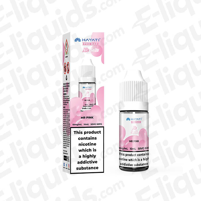 Mr Pink Pro Max Nic Salt E-liquid by Hayati in 10mg and 20mg strengths, packaged in a 10ml bottle.