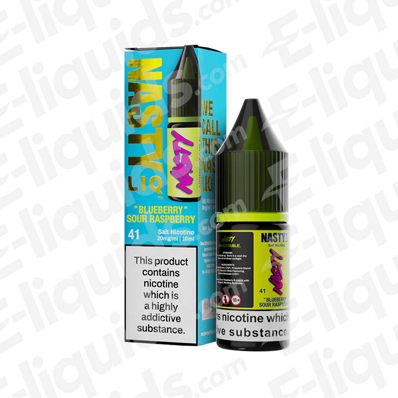 Blueberry Sour Raspberry Nic Salt E-liquid by Nasty with packaging, 10ml bottle, nicotine strengths 10mg or 20mg.