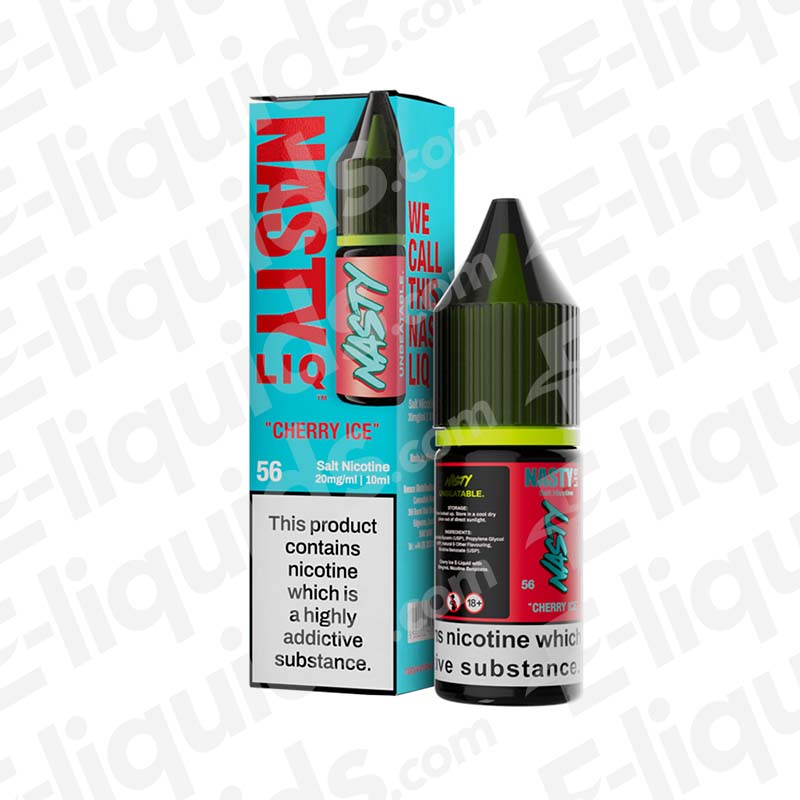 Cherry Ice Nic Salt E-liquid by Nasty in 10ml bottle with packaging, available in 10mg or 20mg nicotine strengths.