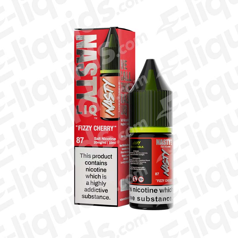 Fizzy Cherry Nic Salt E-liquid by Nastyliq in 10ml bottle with packaging, available in 10mg or 20mg nicotine strengths.