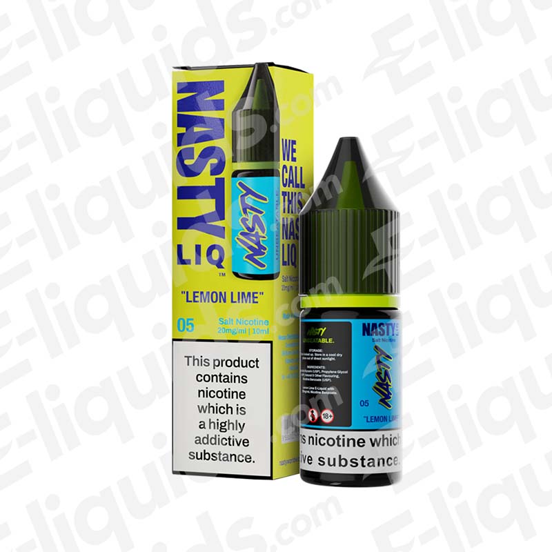 Bottle and box of Nasty Lemon Lime Nic Salt E-liquid with nicotine warning label.