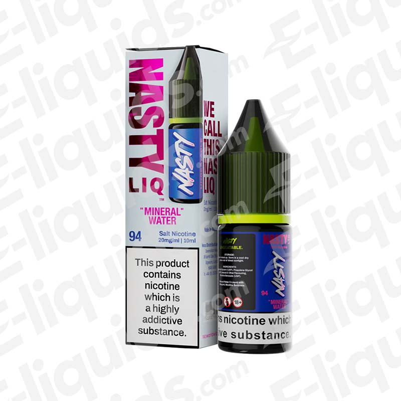 Nasty Mineral Water Nic Salt E-liquid 10ml bottle with packaging, 10mg or 20mg nicotine, refreshing e-liquid for new vapers.