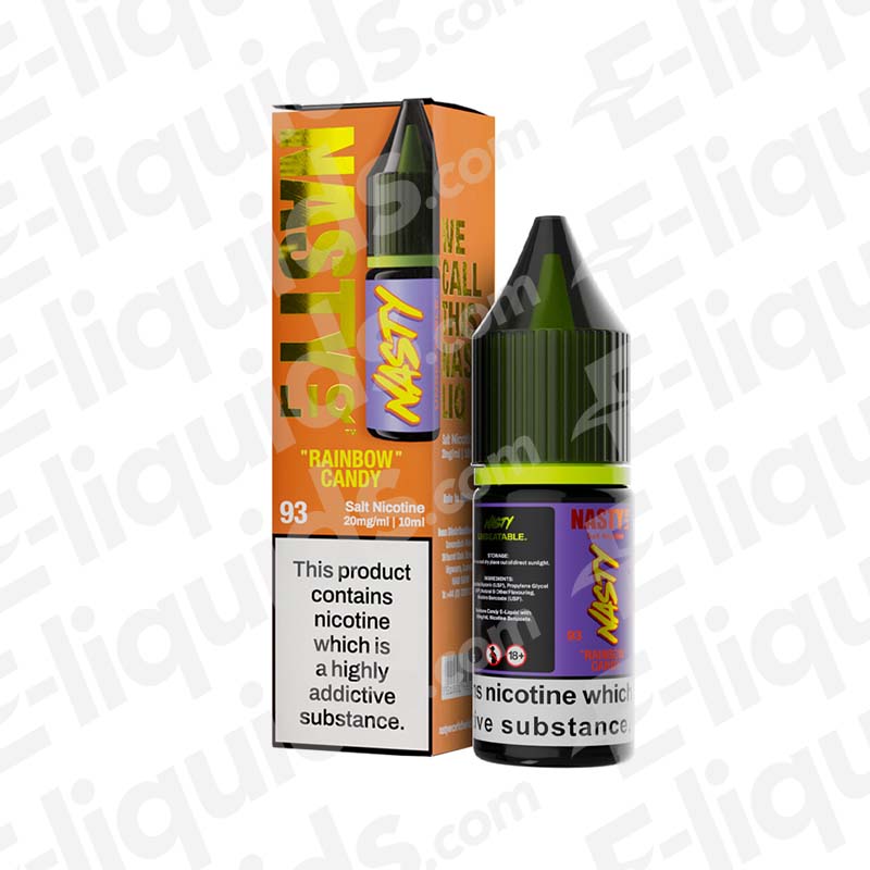 Rainbow Candy Fruit Fusion Nic-Salt E-liquid by Nasty with box, 10ml bottle, nicotine warning label, e-cigarette juice