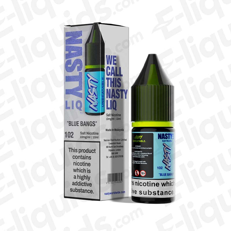 Nasty Blue Bangs Nic Salt E-liquid 10ml bottle with box, showcasing blueberry flavor and nicotine strength options.