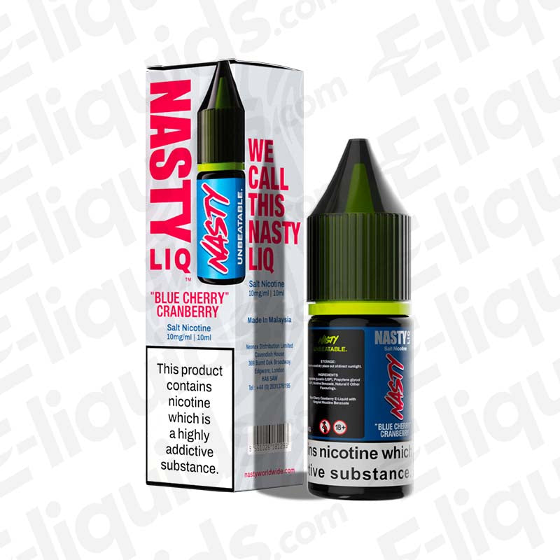 Nasty Liq Blue Cherry Cranberry Nic Salt E-liquid 10ml bottle and packaging with nicotine warning.