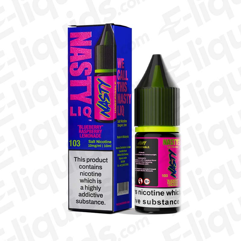 Blueberry Raspberry Lemonade Nasty Nic Salt E-liquid 10ml bottle and box packaging with nicotine warning.
