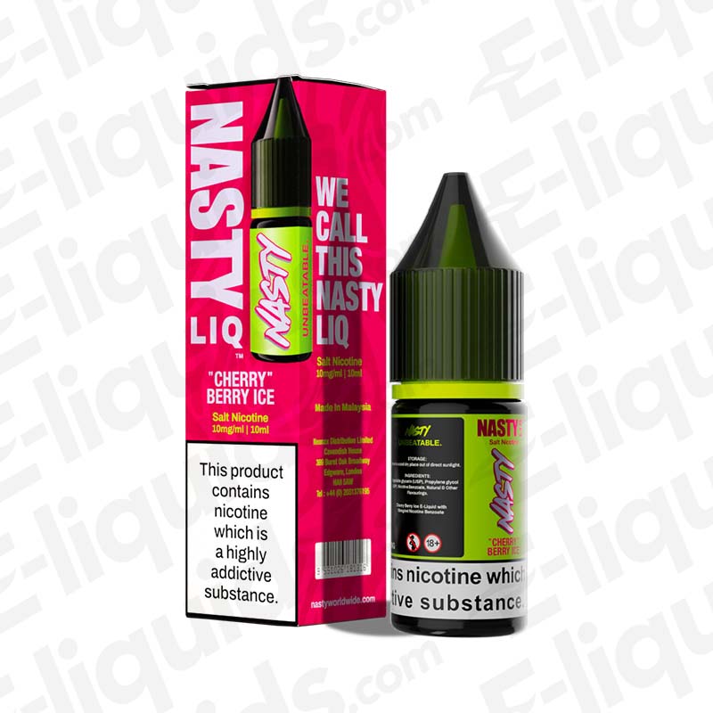 Cherry Berry Ice Nic Salt E-liquid by Nasty Liq in a 10ml bottle with vibrant packaging.