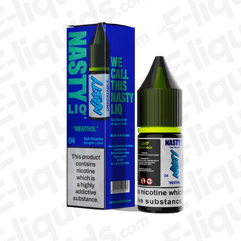 Nasty Juice Menthol e-liquid bottle and box packaging with nicotine warning label