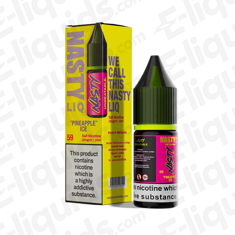 Pineapple Ice Nic Salt E-liquid by Nasty, 10ml bottle with vibrant packaging, offering 10mg or 20mg nicotine strengths for a cool vape.