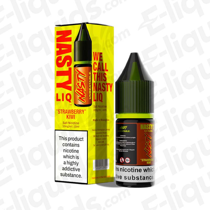 Strawberry Kiwi Nic Salt E-liquid by Nasty Liq in a 10ml bottle with packaging, featuring fresh strawberry and kiwi flavors.