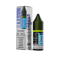 Nasty Blue Bangs Nic Salt E-liquid 10ml bottle with packaging featuring ripe blueberries flavor options.
