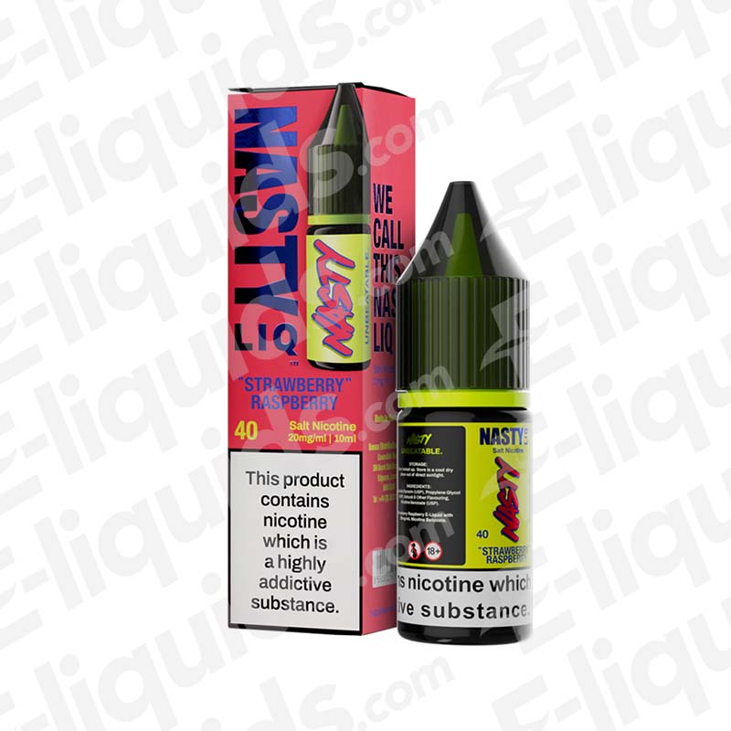 Strawberry Raspberry Nic Salt E-liquid by Nasty, featuring a 10ml bottle with strawberry and raspberry flavor, available in 10mg or 20mg nicotine.