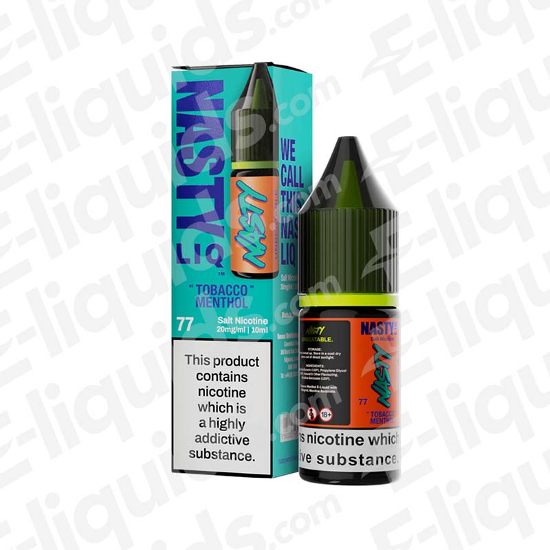 Tobacco Menthol Nic Salt E-liquid by Nasty in 10ml bottle with box, featuring bold menthol and creamy tobacco flavor.