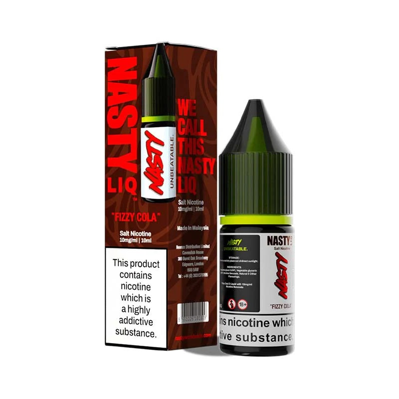 Fizzy Cola Nic Salt E-liquid by Nasty Liq in a 10ml bottle, featuring sweet cola flavor and nicotine options.