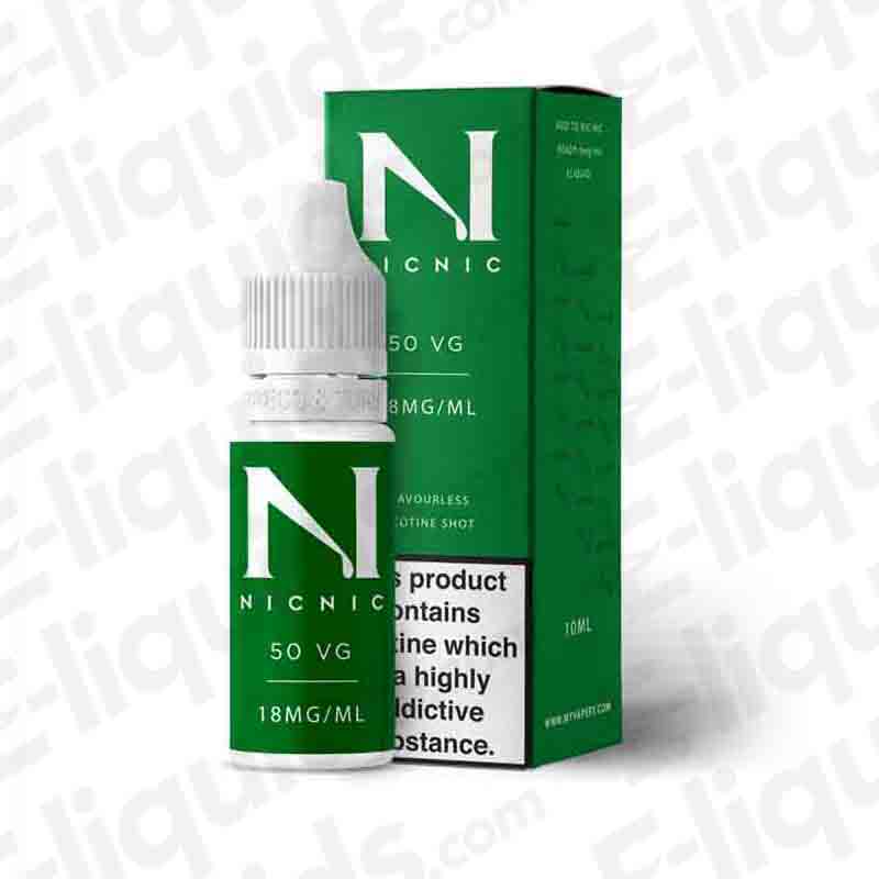 18mg Low VG Nic Nic nicotine shot bottle with green packaging for shortfill e-liquids.