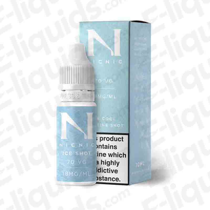 NicNic Ice Shot 70 VG e-liquid bottle and packaging, 18mg nicotine, 10ml size