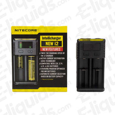 Nitecore i2 Intellicharger vape battery charger with dual slots for fast and safe charging, shown with packaging and product features.