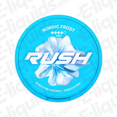 Nordic Frost Pro Nicotine Pouches by Rush, frosted mint and ice flavor, 16mg strength, in a blue container.