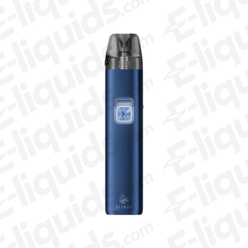 ELF BAR ELFX 2 Ocean Blue Pod Kit in metallic ocean blue finish with refillable pod, square LED button and sleek pocket-friendly design.