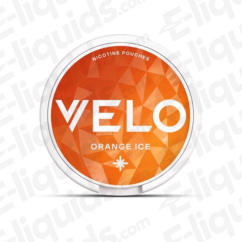 VELO Orange Ice nicotine pouches can, featuring zesty orange flavor and icy twist, 20 pouches per can.