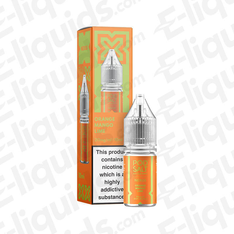 Orange Mango Lime Nic Salt E-liquid by Pod Salt Nexus in a vibrant orange bottle and box, featuring refreshing flavor profile.
