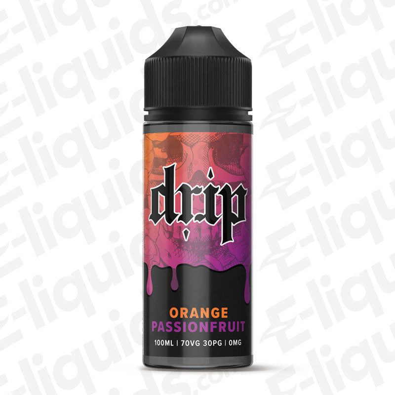 Orange Passionfruit Shortfill E-liquid by Drip in a 100ml bottle, featuring vibrant packaging design and rich flavors.