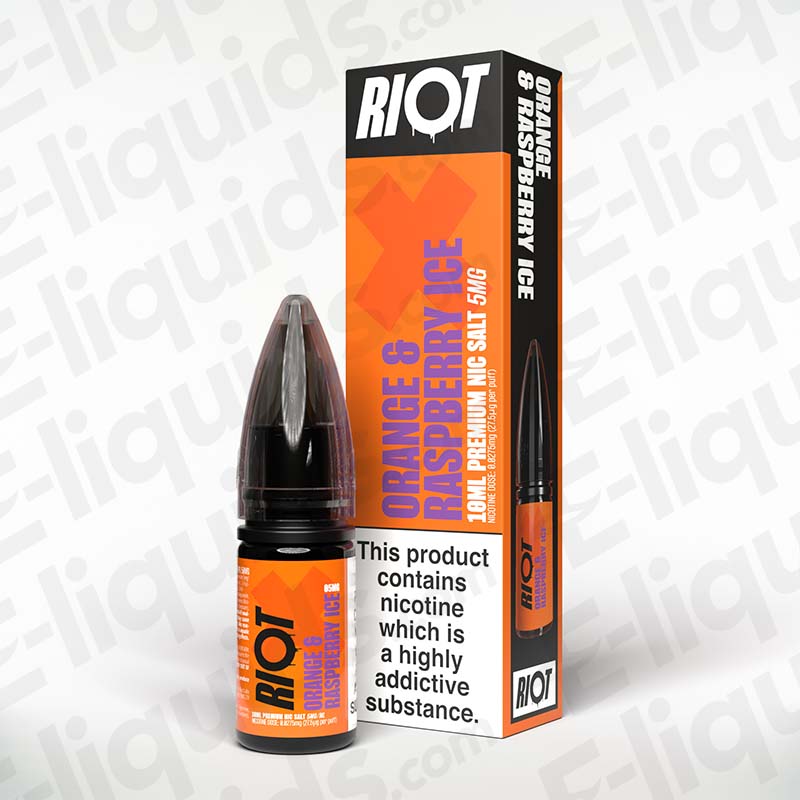 Orange Raspberry Ice Nic Salt E-Liquid by Riot X, 10ml bottle, featuring vibrant flavor of oranges and raspberries with ice.
