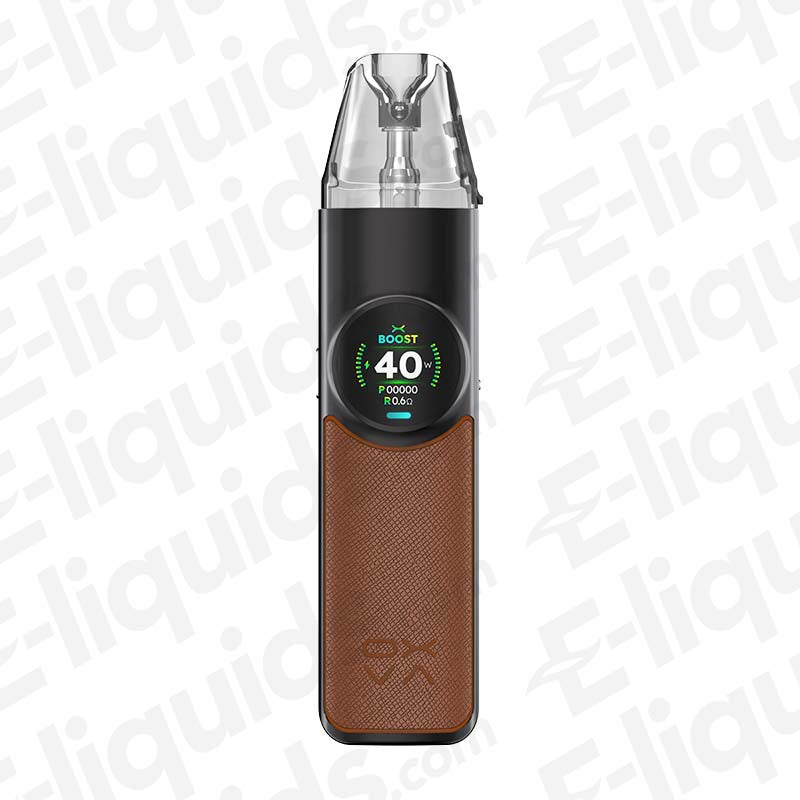 Oxva NeXLIM Dark Brown Vape Pod Kit with digital display and leather grip, sleek design ideal for versatile vaping.