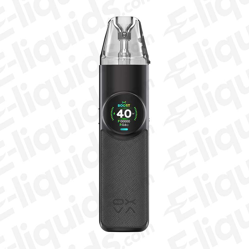 Oxva NeXLIM Dark Grey Vape Pod Kit with 40W power display, sleek design, and powerful 1500mAh battery for enhanced vaping experience.