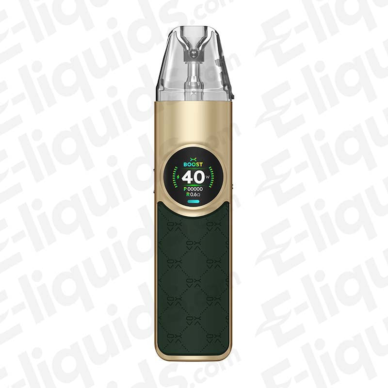 OXVA NeXLIM Vape Pod Kit in gold and green with a digital display showing 40W power output.