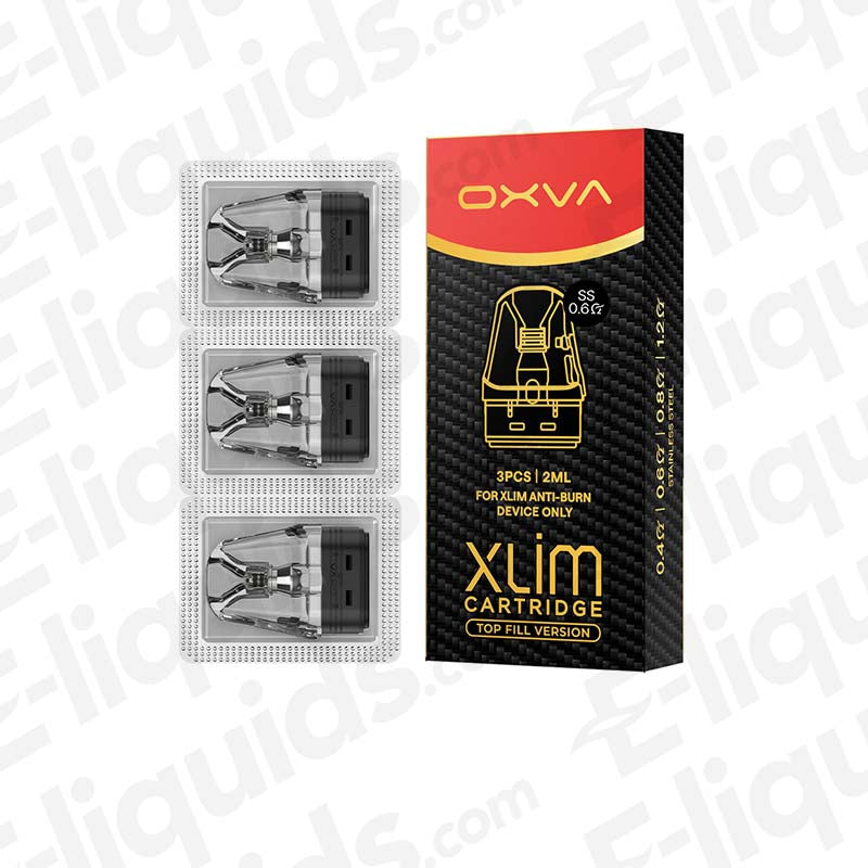 OXVA XLIM stainless steel top fill cartridges pack of 3 with anti-burn technology, longer lifespan, and compatibility with XLIM devices