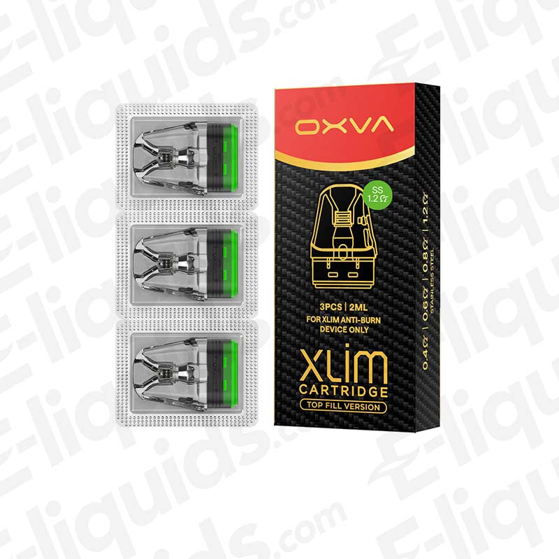OXVA XLIM stainless steel top fill cartridge pods, pack of 3, compatible with XLIM series, featuring anti-burn technology.