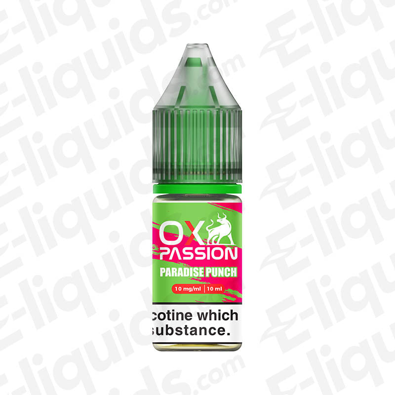 Paradise Punch OX Passion Nic Salt E-liquid by OXVA in 10mg, featuring lychee, watermelon, and guava flavors.