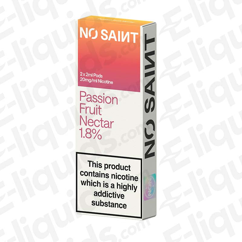 NO SAINT Passion Fruit Nectar Prefilled Pod with exotic Zesty flavour in pink and white packaging.
