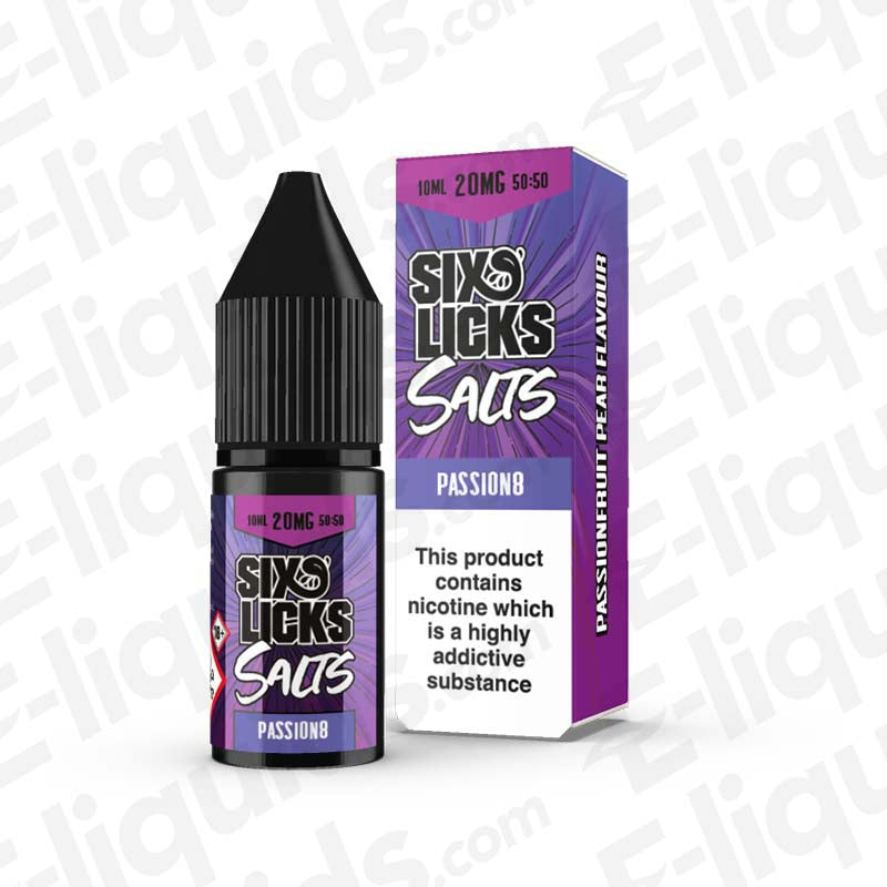 Passion8 Nic Salt E-liquid by Six Licks, featuring Passionfruit and Pear in a 10ml bottle, 50/50 VG/PG ratio.