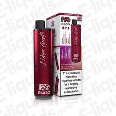 IVG 2400 4-in-1 Rechargeable Pod Kit Passionfruit Edition with 20mg nic salt, box and device, red design, 1,750mAh battery.
