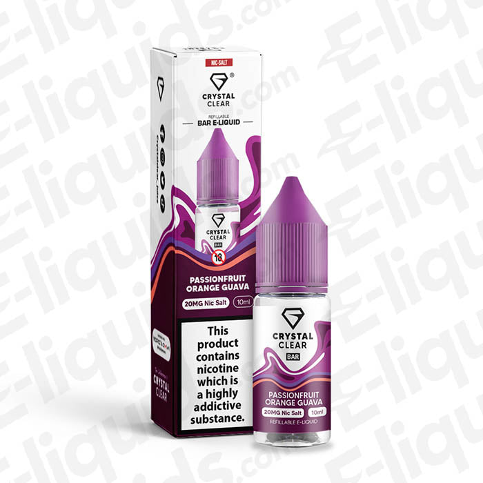 Crystal Clear Bar Salts Passionfruit Orange Guava Nic Salt E-liquid in 10ml bottle for smooth vaping experience.