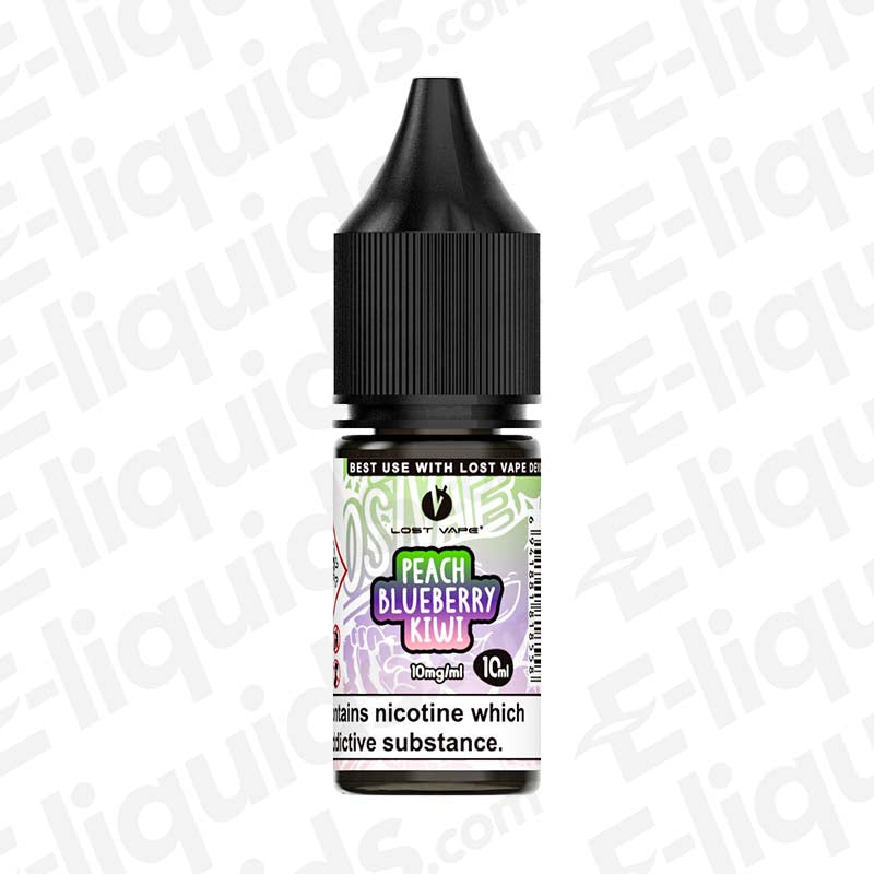 Peach Blueberry Kiwi Nic Salt E-liquid by Lost Vape in 10mg nicotine strength for MTL vaping. Tropical flavor blend.