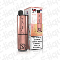 IVG 2400 Peach Edition 4-in-1 Rechargeable Pod Kit with packaging, featuring 1750mAh battery and prefilled 20mg nic salt e-liquids.