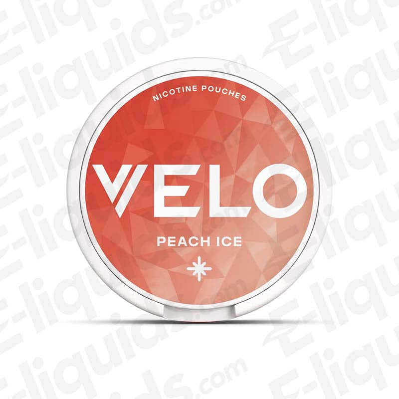 VELO Peach Ice nicotine pouches can, featuring bold peach flavor and icy freshness, perfect for a nicotine rush.